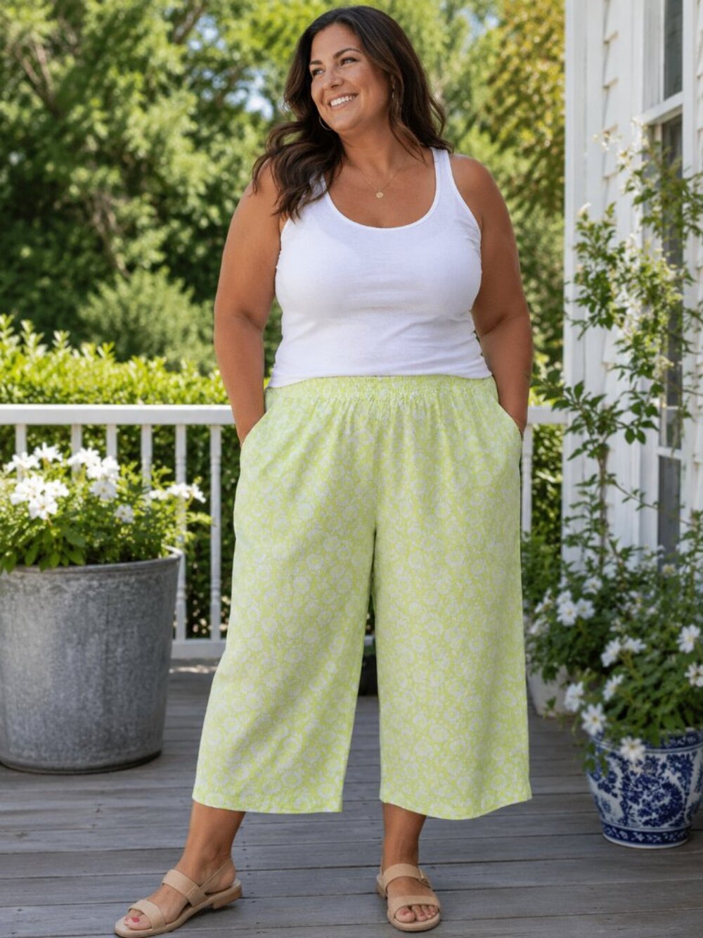CATHY DANIELS NWT 100% Cotton Elastic Waist Lime Green w/White Florals Pant 2X